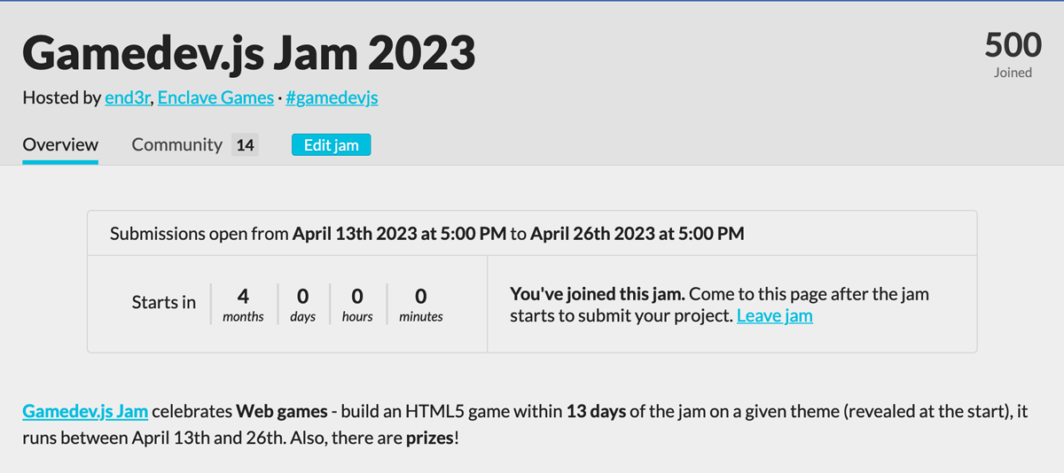 500 already joined the upcoming Gamedev.js Jam 2023 on Itch.io